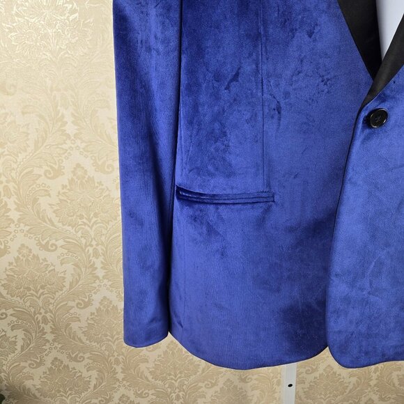Guess Size Medium Blue Velvet Blazer 1 Button Front Black Satin Lapels 3 Pocket - Picture 3 of 15